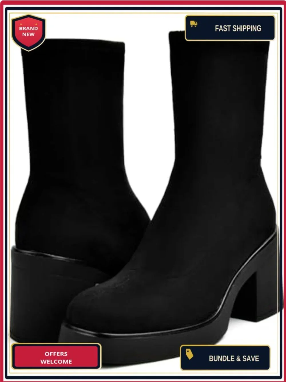 Women's Square Toe Suede Mid Calf Boots Chunky Block Heeled Ankle Bootie Side